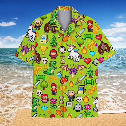 Pixel sword Hawaiian shirt showing front and back design with 8-bit fantasy icons and tropical beach background