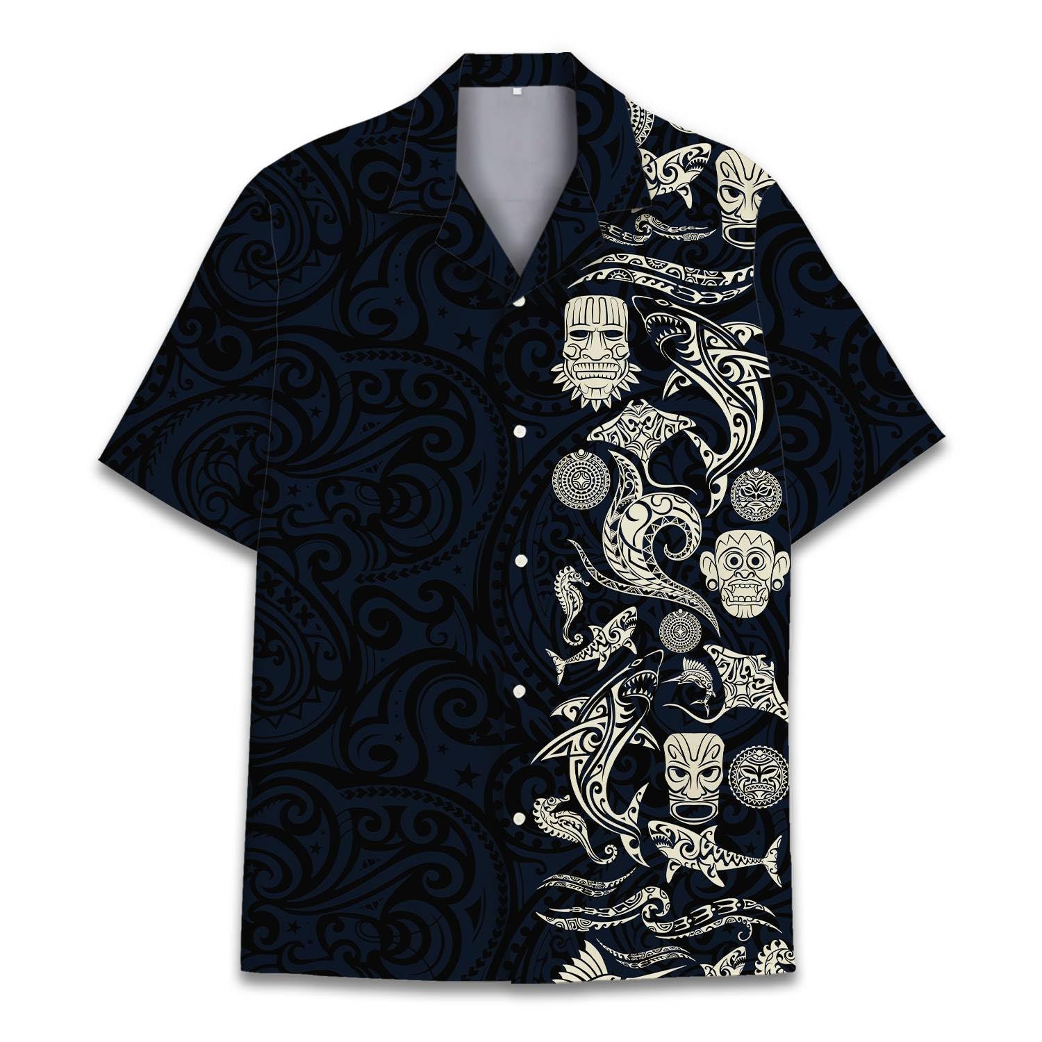 Hawaiian shirt with black background and ivory Polynesian tribal art including tiki masks and dolphins – island-inspired design.