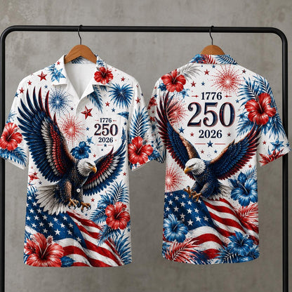 Patriotic Hawaiian shirt featuring eagle and fireworks in red, white, and blue for the USA's 250th anniversary celebration