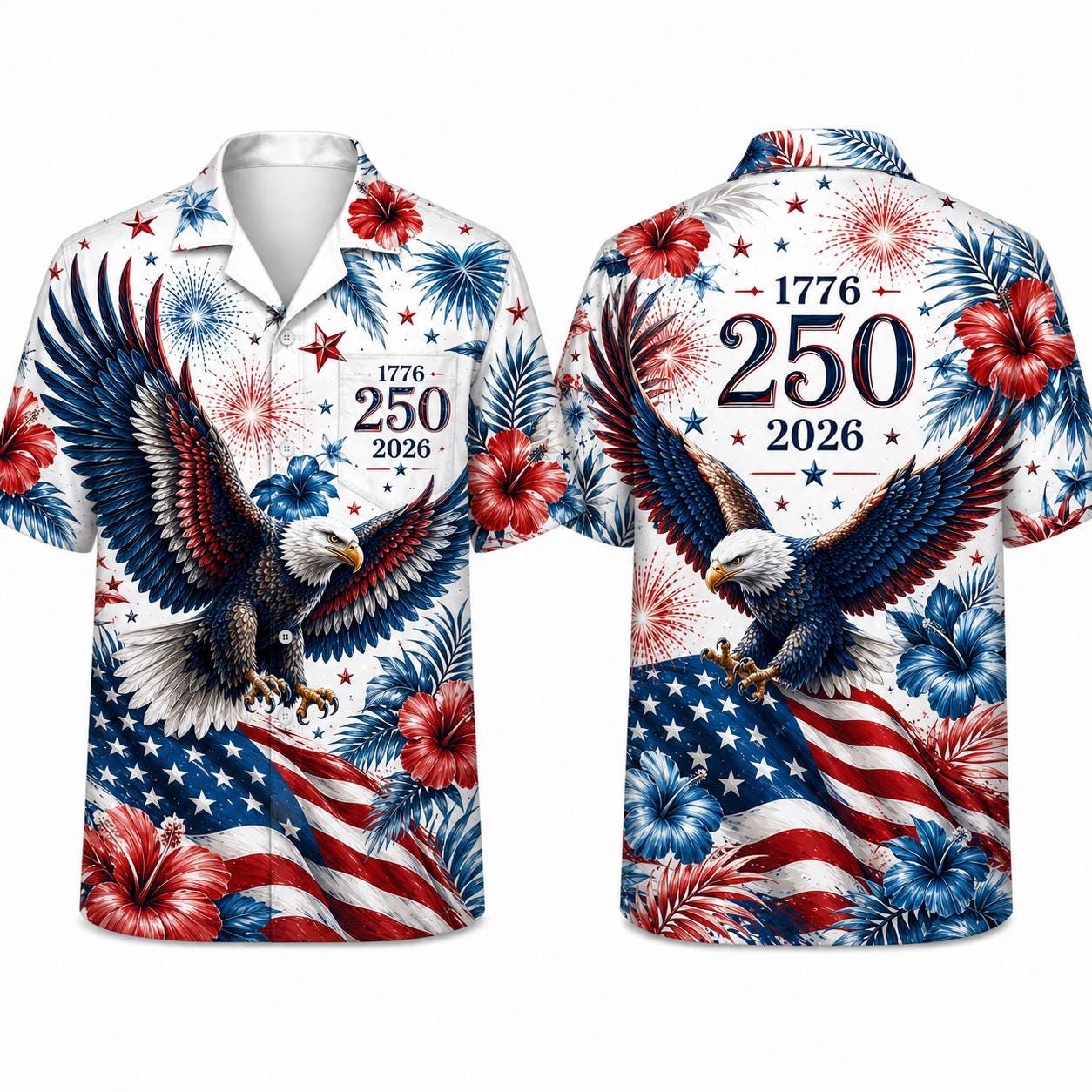 Patriotic Hawaiian Shirt with Eagle and Fireworks - 250th Anniversary Design - Image 12