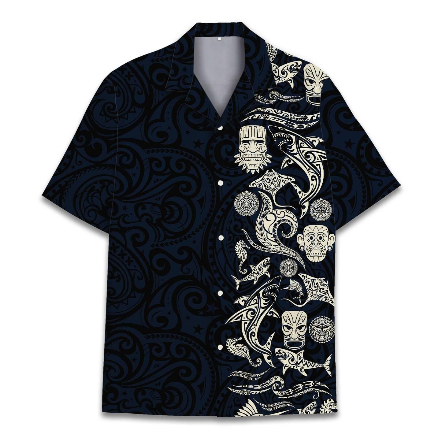 Men's dark navy Hawaiian shirt with beige tribal patterns and tiki mask design