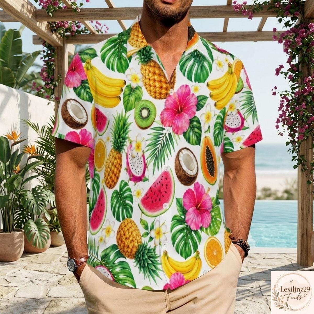 Tropical fruit print Hawaiian shirt with vibrant colors and short sleeves