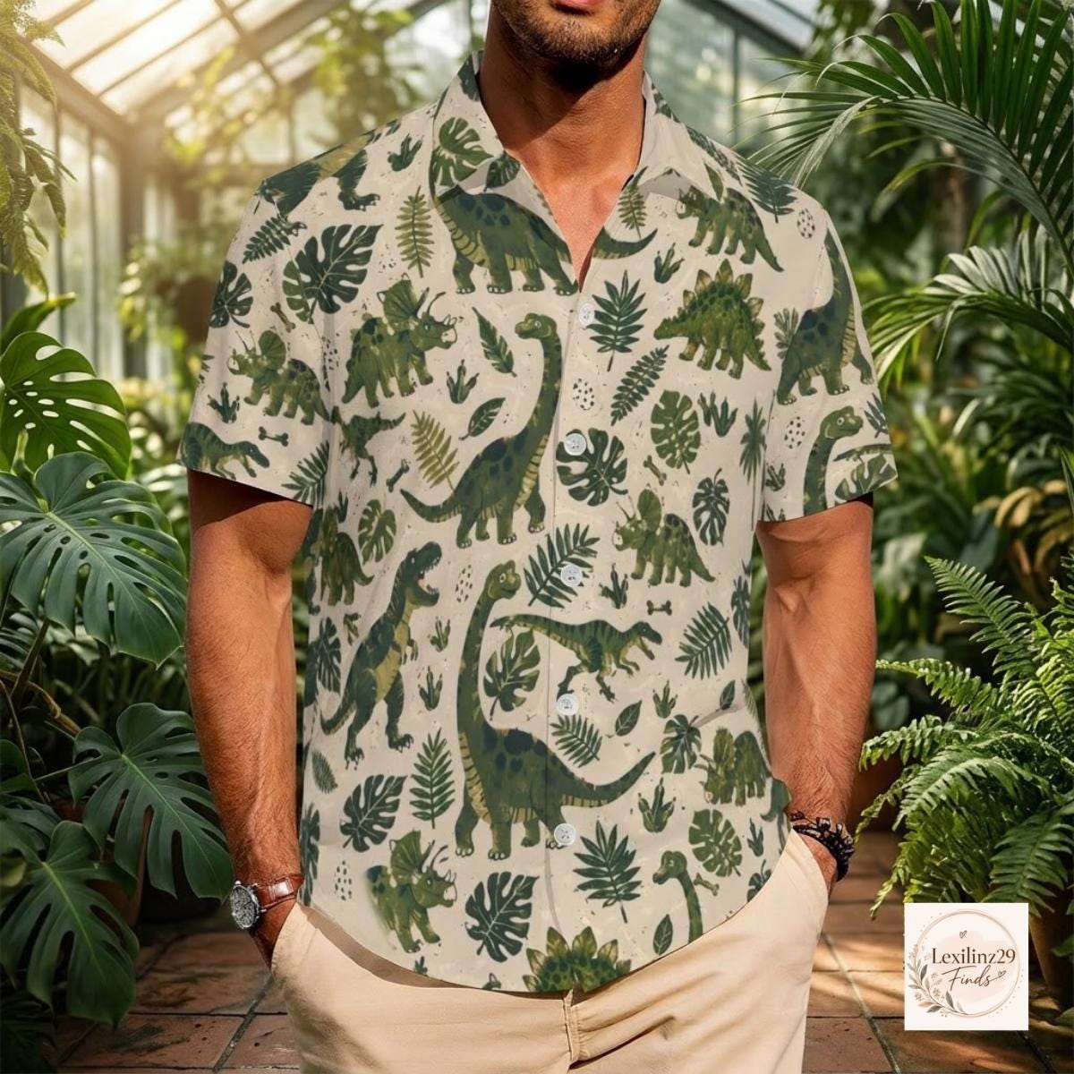 Men's dinosaur print Hawaiian shirt with short sleeves and button-down design, displayed in a lush greenhouse setting