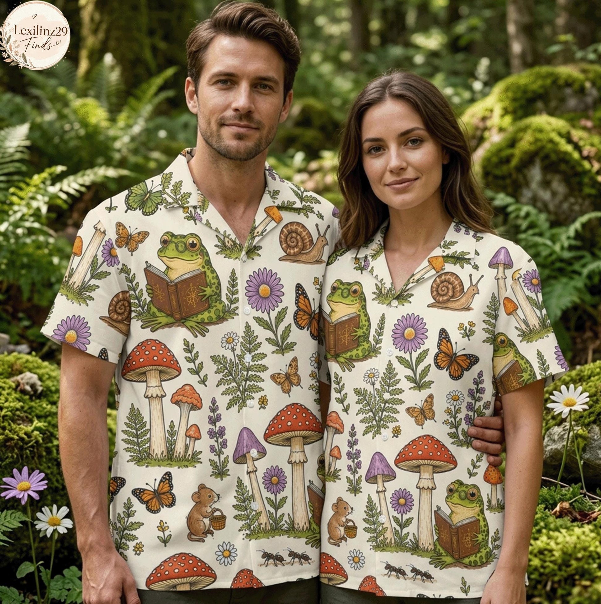Unisex shirt with nature-themed print featuring animals, mushrooms, and flowers