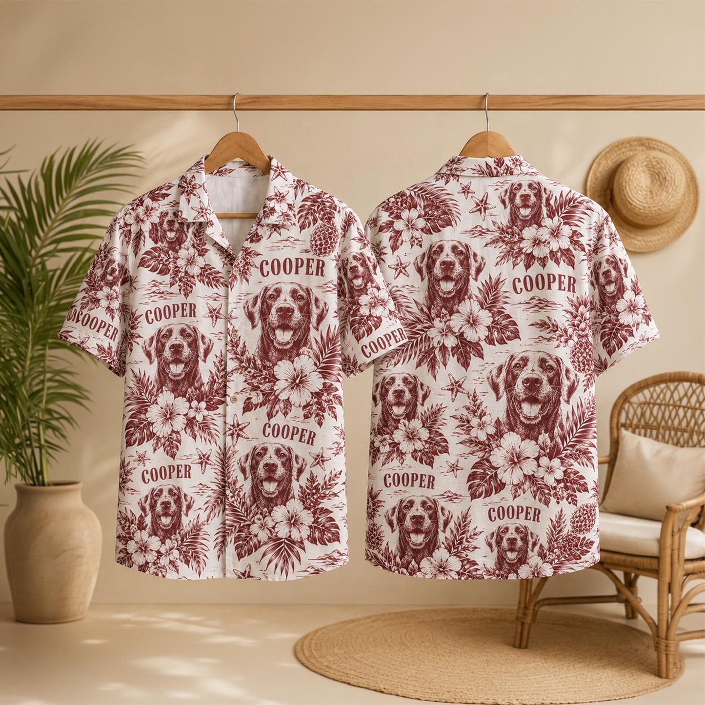 Custom Hawaiian shirt with dog print and floral patterns in maroon displayed hanging in a room setting