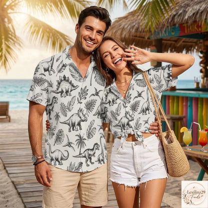 Dinosaur print Hawaiian shirt set for couples with black and white design in a beach setting