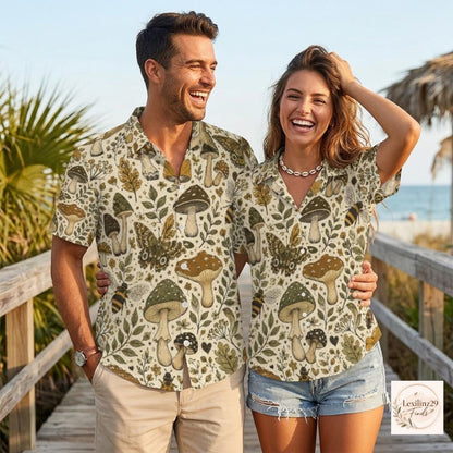 Matching mushroom print shirts with nature-inspired design in earthy tones, worn by a smiling couple on a boardwalk