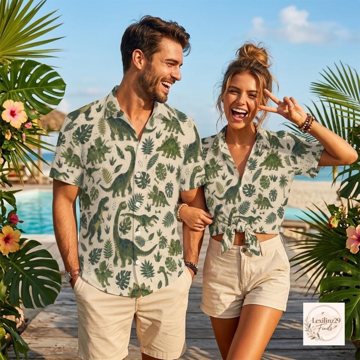 Men's Dinosaur Print Hawaiian Shirt - Short Sleeve Casual Button Down - Image 2