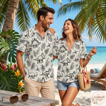 Dinosaur Print Couple's Hawaiian Shirt Set - Beach Vacation Style - Image 2