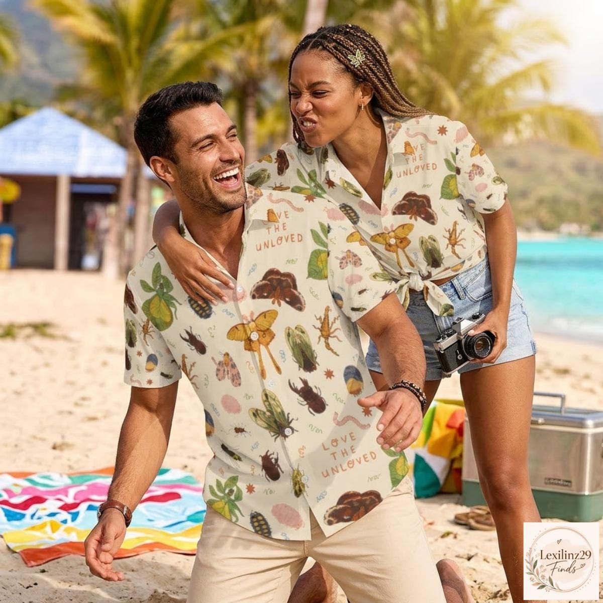 Insect-Themed Men's Hawaiian Shirt with Unique Botanical Print - Short Sleeve - Image 2