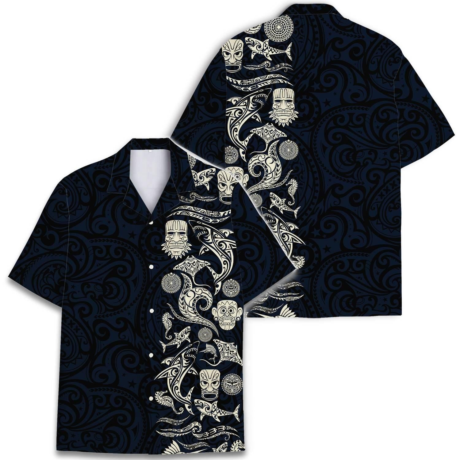 Men's Tribal Pattern Hawaiian Shirt - Unique Tiki Design, Dark Navy - Image 2