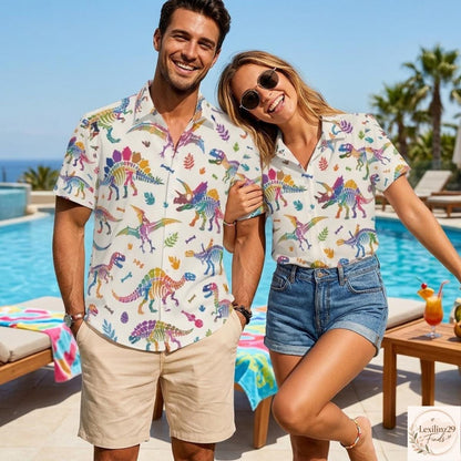Matching Dinosaur Print Shirts - Vibrant Beachwear for Couples - Image 2