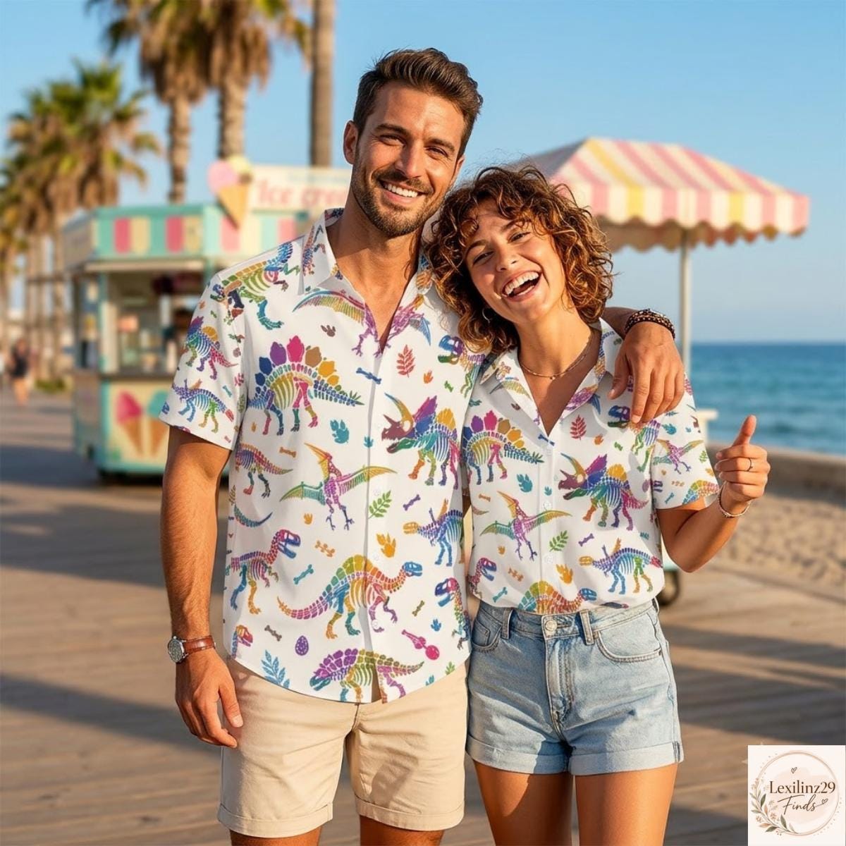 Matching Dinosaur Print Shirts - Vibrant Beachwear for Couples - Image 3