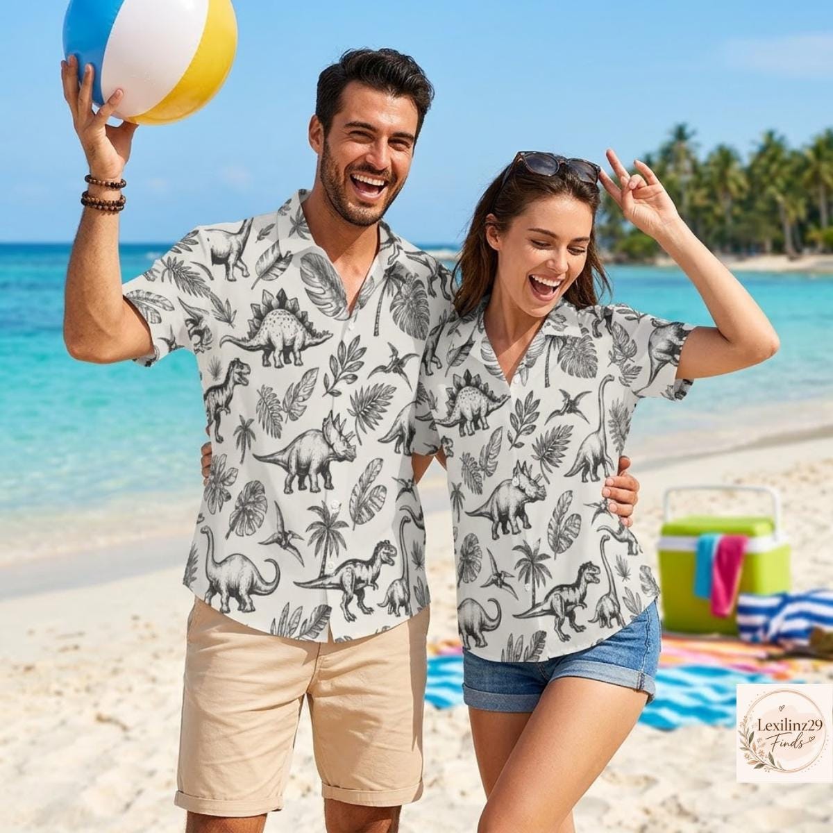 Dinosaur Print Couple's Hawaiian Shirt Set - Beach Vacation Style - Image 3