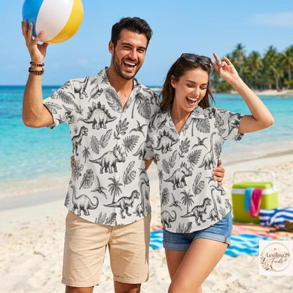 Dinosaur Print Couple's Hawaiian Shirt Set - Beach Vacation Style - Image 3