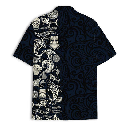 Men's Tribal Pattern Hawaiian Shirt - Unique Tiki Design, Dark Navy - Image 3