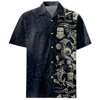 Men's Tribal Pattern Hawaiian Shirt - Unique Tiki Design, Dark Navy - Image 4