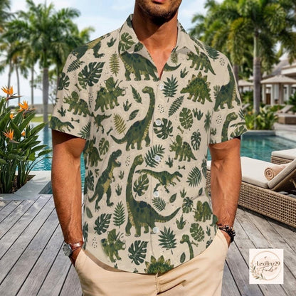 Men's Dinosaur Print Hawaiian Shirt - Short Sleeve Casual Button Down - Image 4