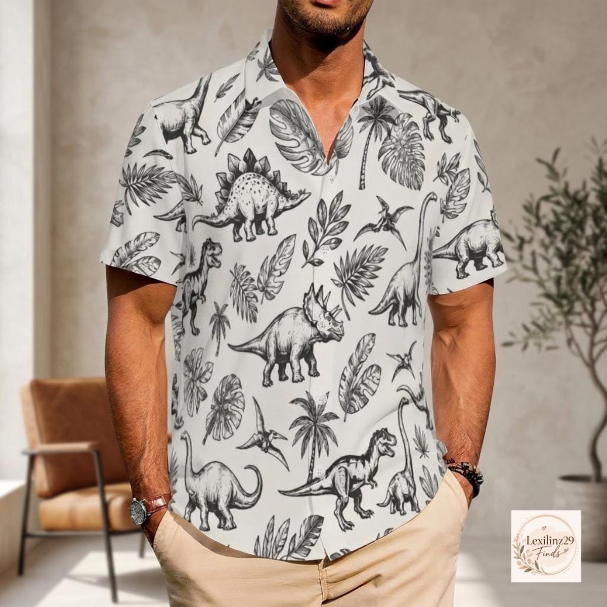 Dinosaur Print Couple's Hawaiian Shirt Set - Beach Vacation Style - Image 4