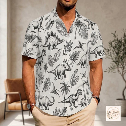 Dinosaur Print Couple's Hawaiian Shirt Set - Beach Vacation Style - Image 4