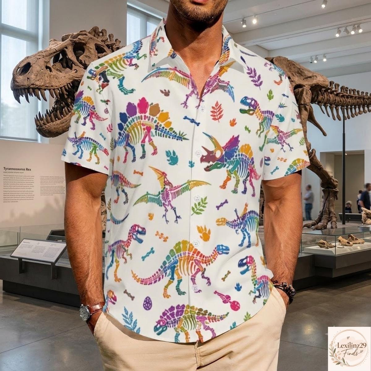 Matching Dinosaur Print Shirts - Vibrant Beachwear for Couples - Image 4