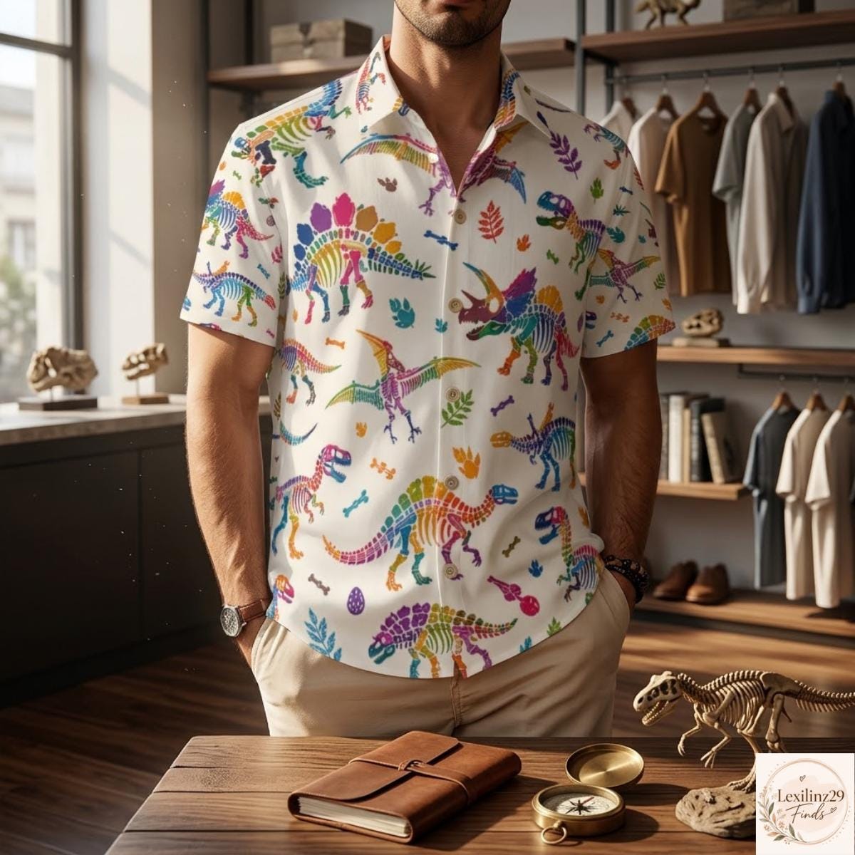 Matching Dinosaur Print Shirts - Vibrant Beachwear for Couples - Image 5