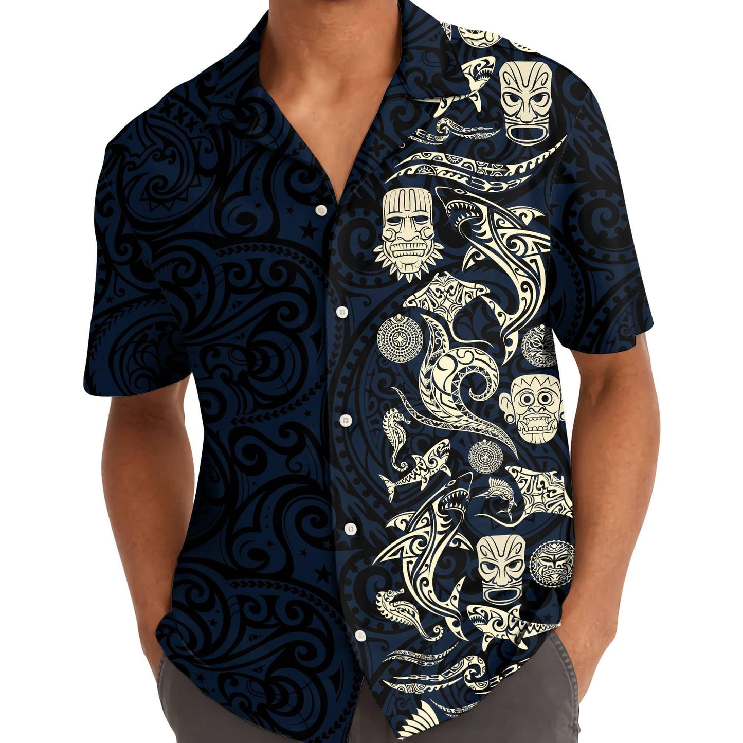Men's Tribal Pattern Hawaiian Shirt - Unique Tiki Design, Dark Navy - Image 5
