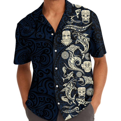 Men's Tribal Pattern Hawaiian Shirt - Unique Tiki Design, Dark Navy - Image 5