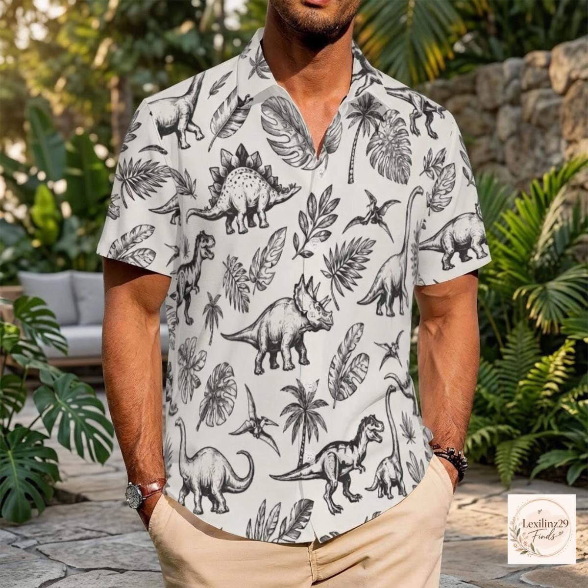 Dinosaur Print Couple's Hawaiian Shirt Set - Beach Vacation Style - Image 5
