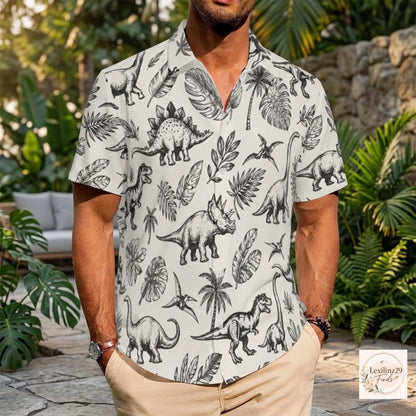 Dinosaur Print Couple's Hawaiian Shirt Set - Beach Vacation Style - Image 5