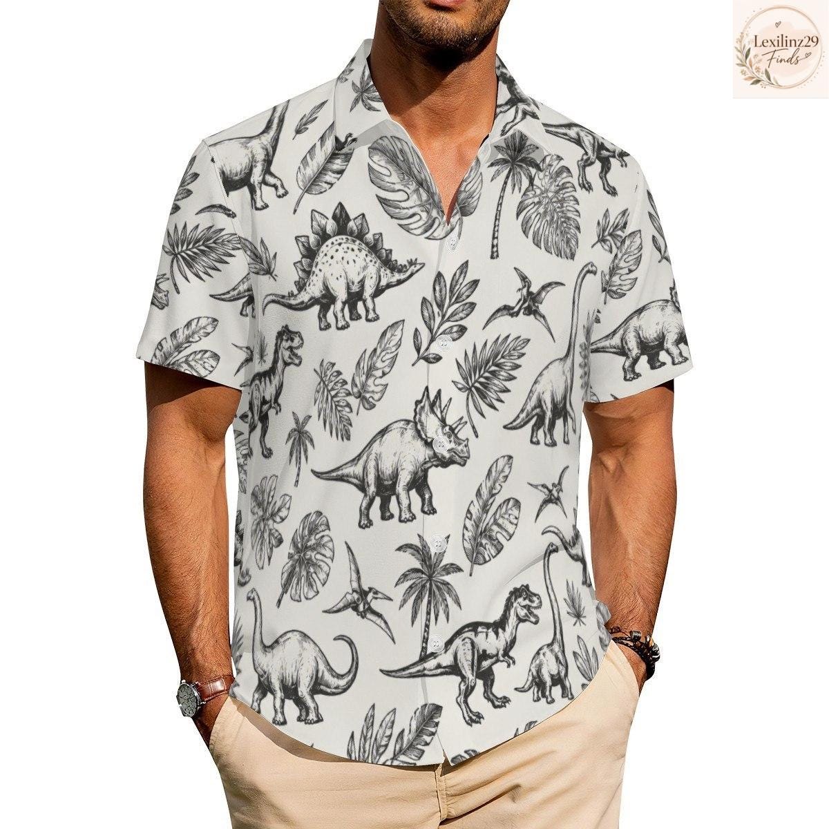 Dinosaur Print Couple's Hawaiian Shirt Set - Beach Vacation Style - Image 6