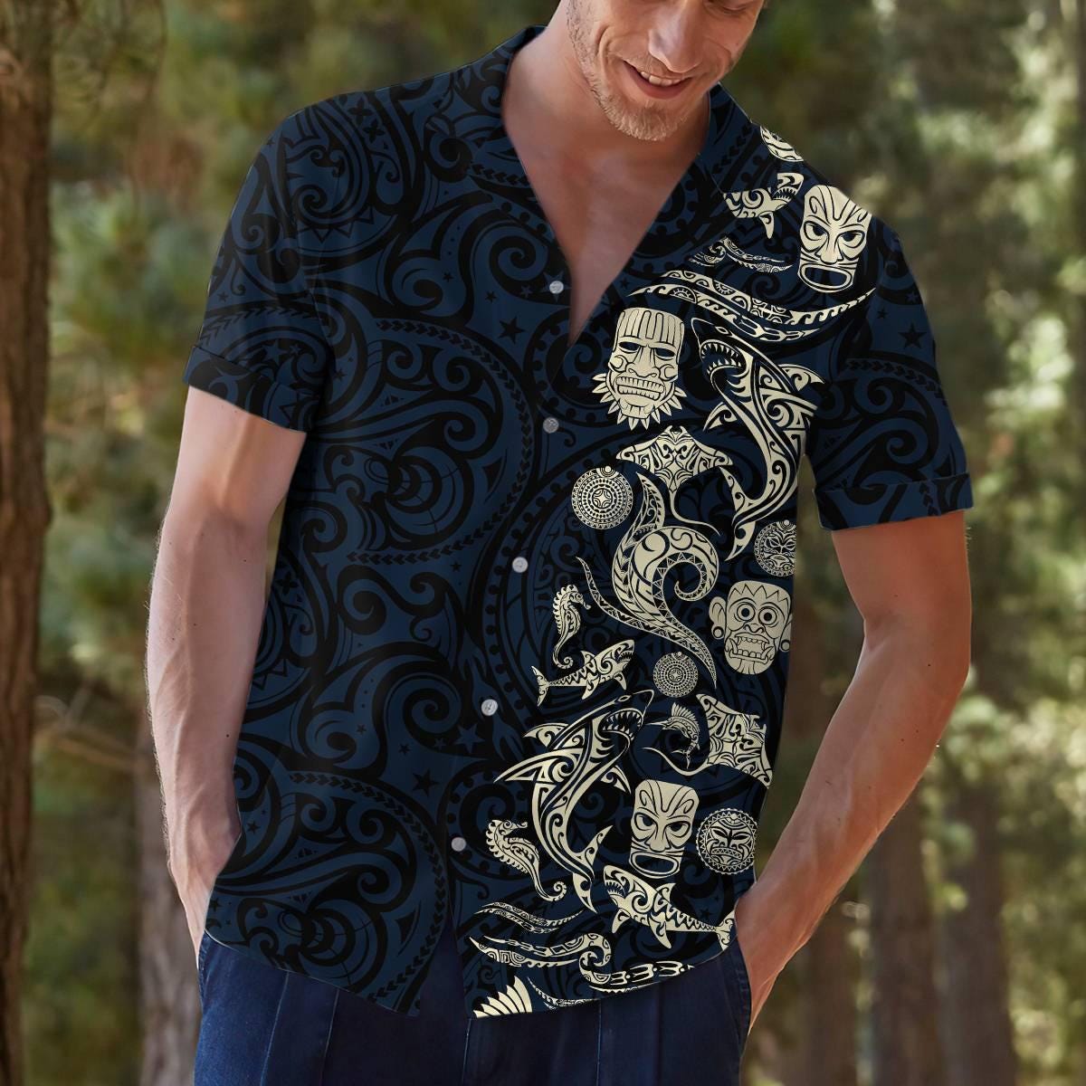Men's Tribal Pattern Hawaiian Shirt - Unique Tiki Design, Dark Navy - Image 6