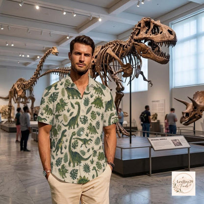 Men's Dinosaur Print Hawaiian Shirt - Short Sleeve Casual Button Down - Image 6