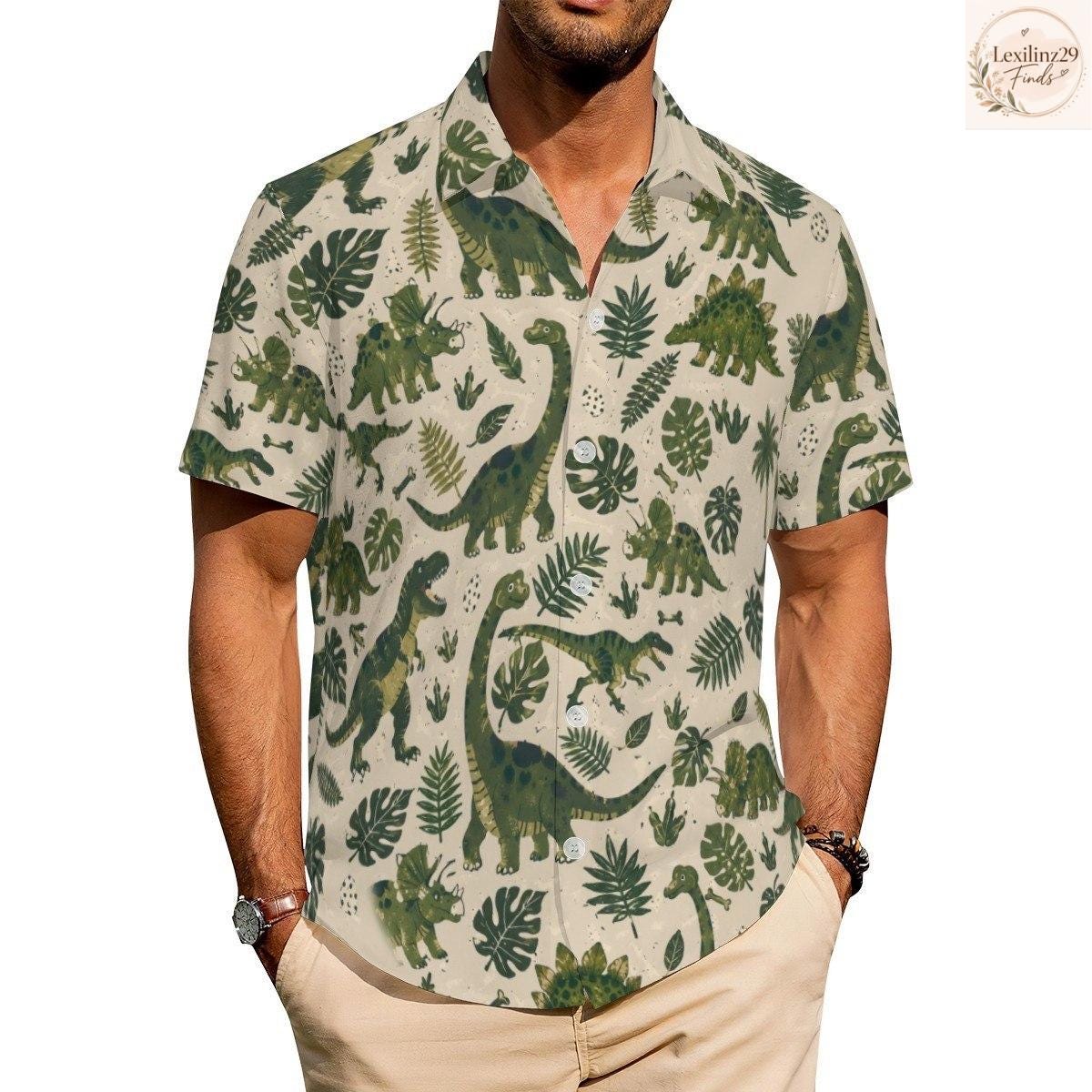 Men's Dinosaur Print Hawaiian Shirt - Short Sleeve Casual Button Down - Image 7