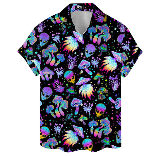 Hawaiian shirt with neon alien faces, psychedelic mushrooms, glowing hands, and cosmic artwork