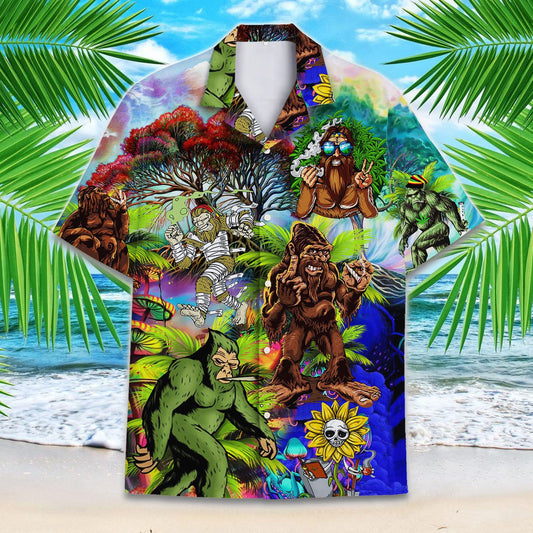 Hawaiian shirt with psychedelic Bigfoot and alien art in tropical forest