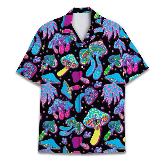 Psychedelic Hawaiian shirt with neon mushrooms and trippy eye patterns on black – perfect for festivals, raves, or summer parties