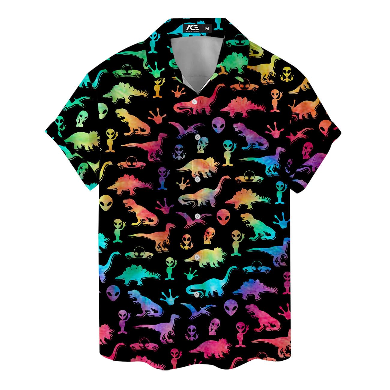 Hawaiian shirt with rainbow dinosaurs and alien heads on black background