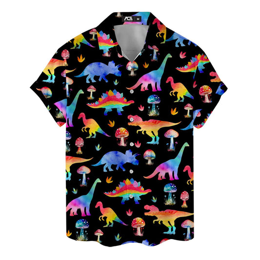Colorful Hawaiian shirt with rainbow dinosaurs and neon mushrooms on black background