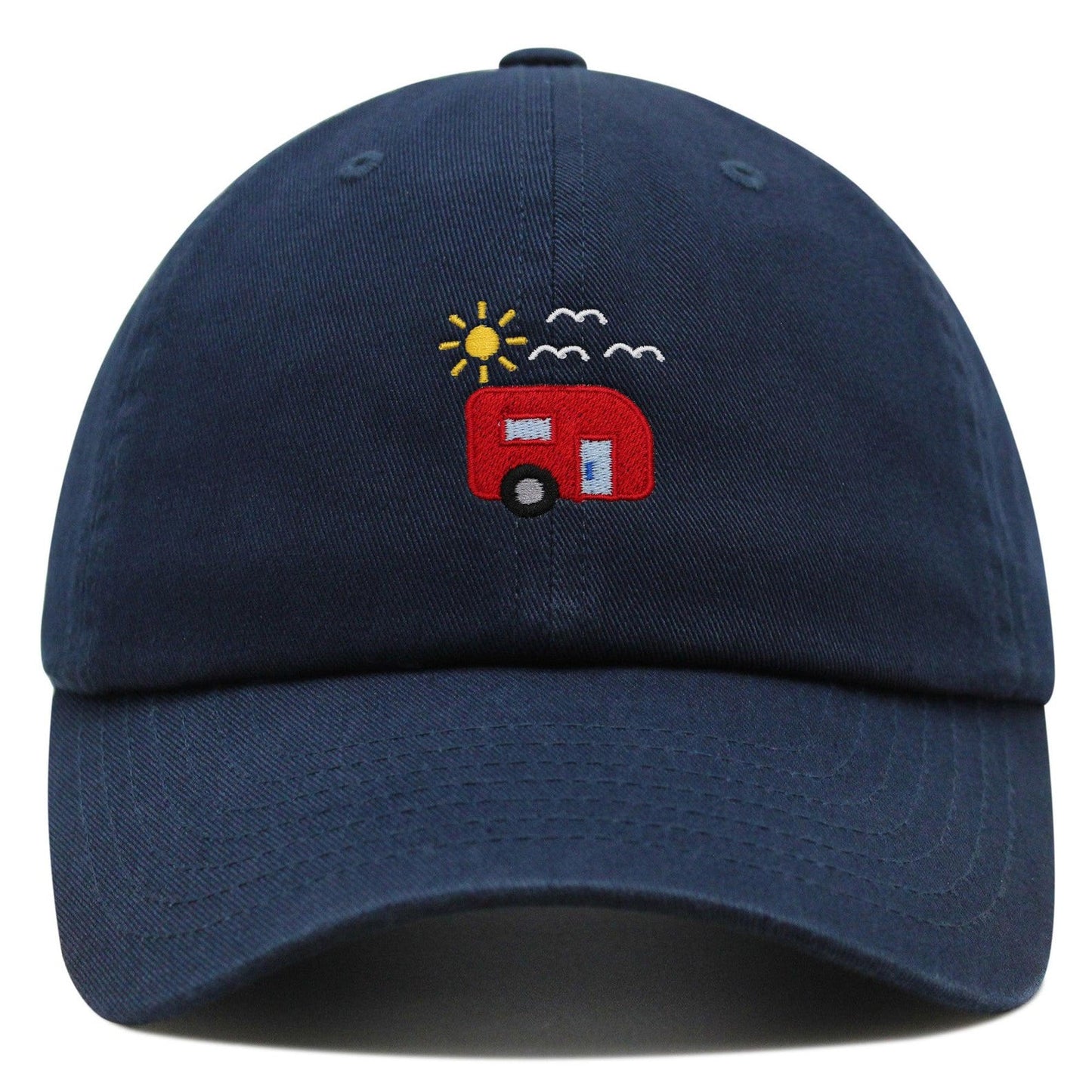 Navy dad hat with embroidered red RV camper trailer, yellow sun, and white birds – perfect for camping lovers