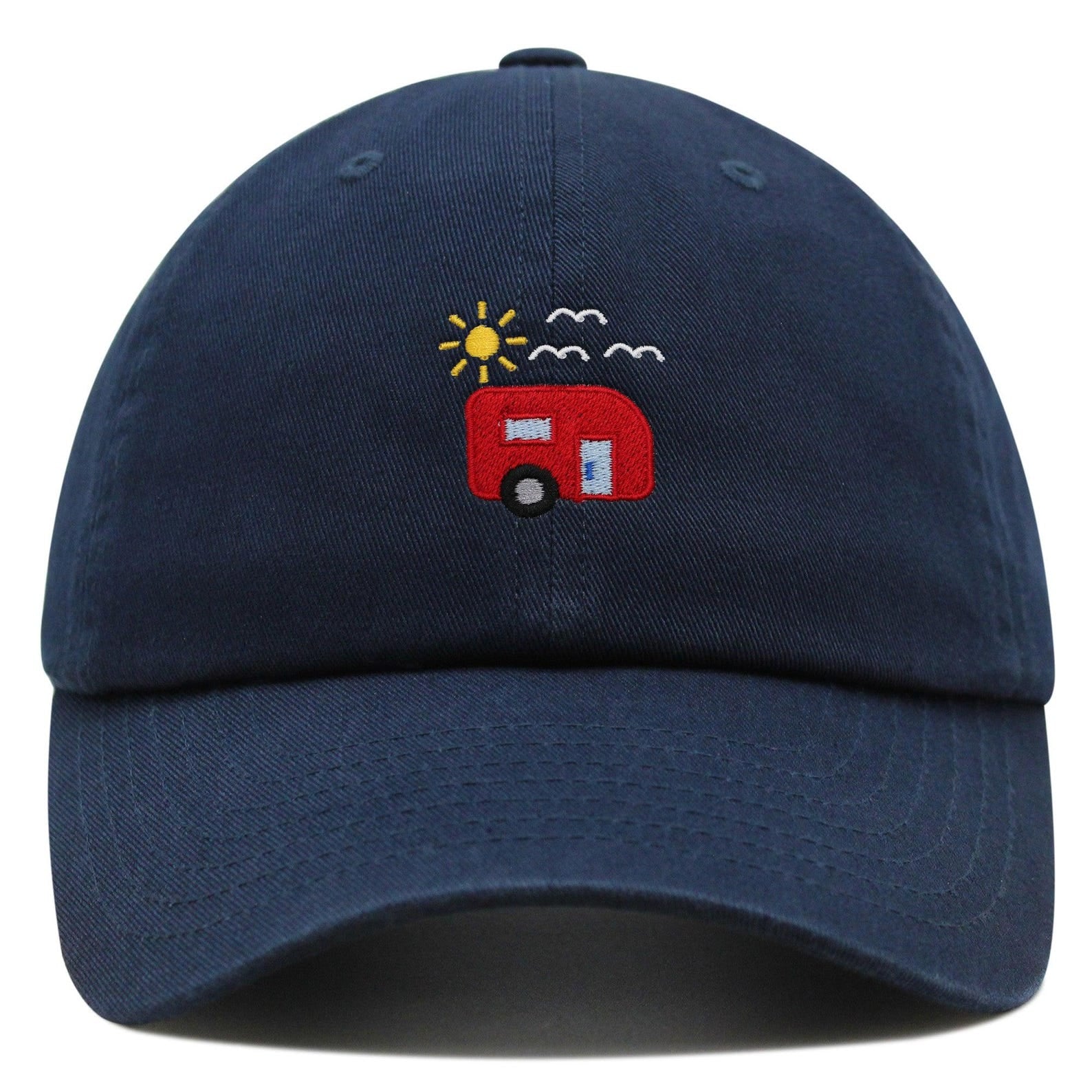 Navy dad hat with embroidered red RV camper trailer, yellow sun, and white birds – perfect for camping lovers
