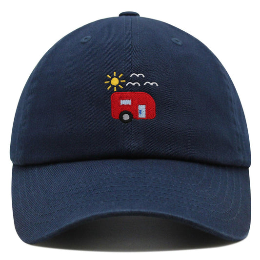 Navy dad hat with embroidered red RV camper trailer, yellow sun, and white birds – perfect for camping lovers