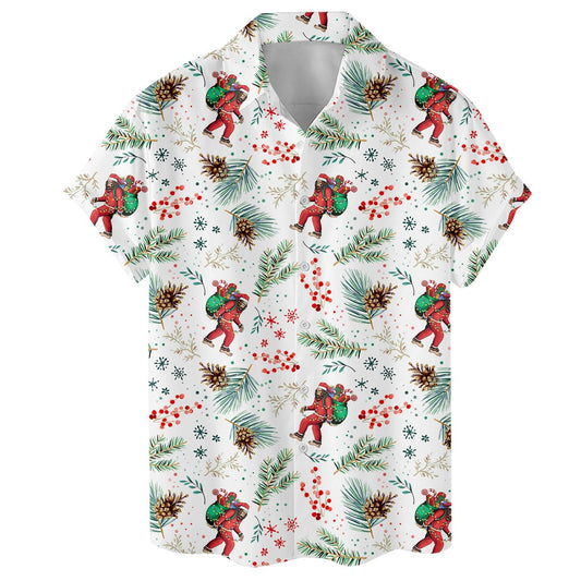 Funny Santa Christmas Hawaiian shirt with gift sack and pine design