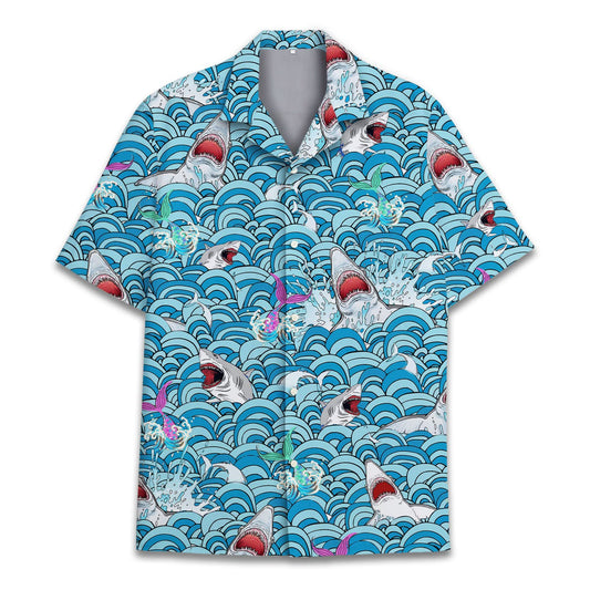 Funny Hawaiian shirt featuring cartoon sharks, ocean waves, and mermaids – perfect for beach parties or summer vacations