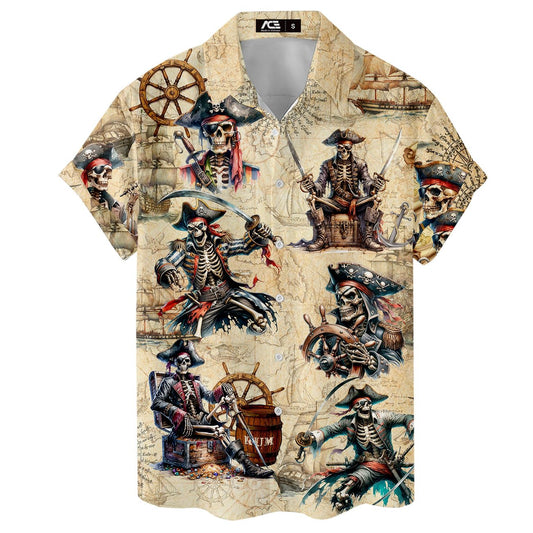 Skeleton pirate Hawaiian shirt with vintage map and undead pirate design