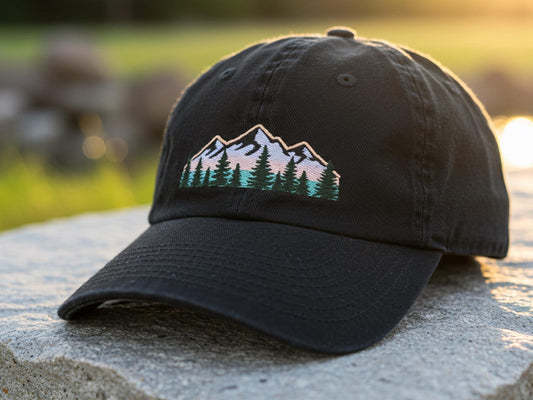 Black dad cap embroidered with pastel sunset mountains and forest – perfect for hikers and outdoor lovers