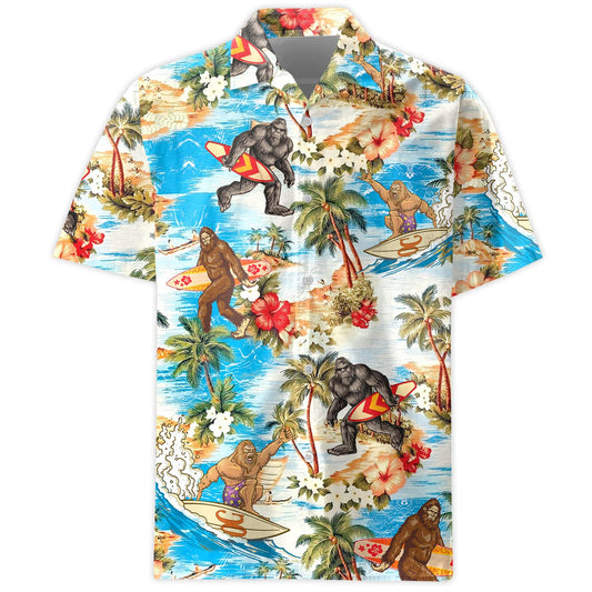 Hawaiian shirt with Bigfoot surfing and palm trees on a tropical beach