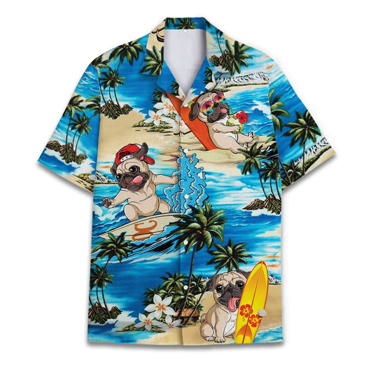 Funny Hawaiian shirt featuring cartoon pugs surfing and relaxing on a tropical beach background – perfect for summer and dog lovers