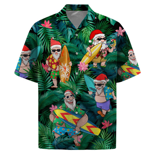 Hawaiian shirt with Santa surfing and holding drinks among tropical leaves