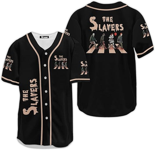 Black horror jersey with “The Slayers” text and slasher villains crossing Abbey Road in parody design
